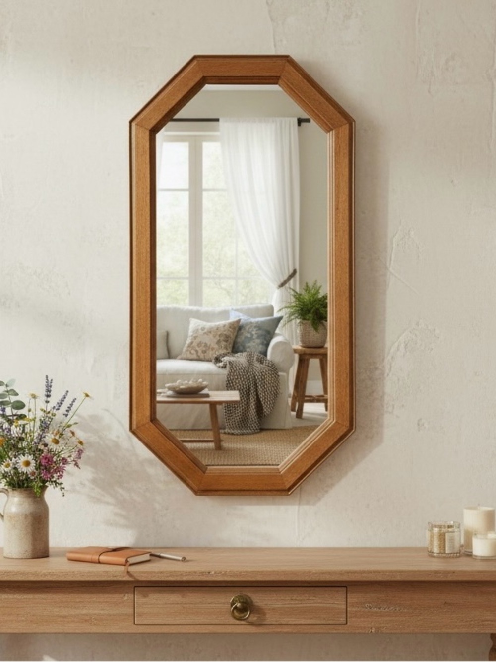 Vtg Wooden Octagon Wall Mirror 22x11”
